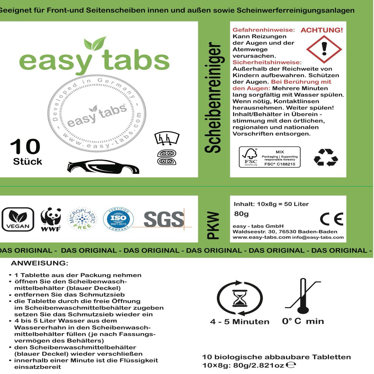 easy-tabs Green - Scheibenreiniger Auto - 10 Stück