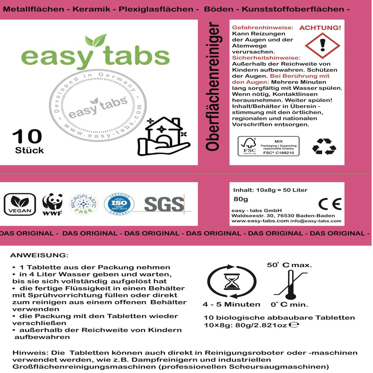 easy-tabs Magenta - Oberflächenreiniger - 10 Stück