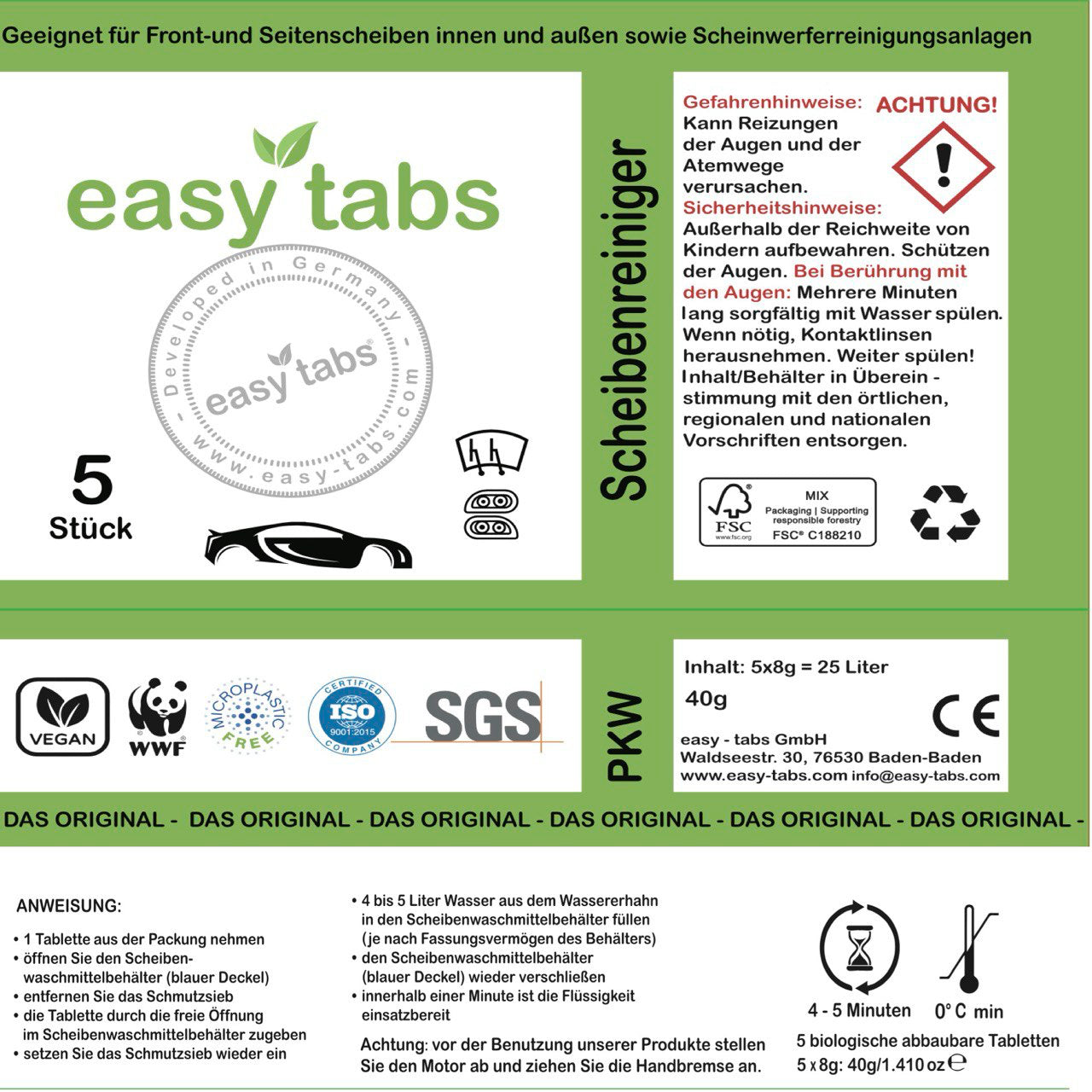 easy-tabs Green - Scheibenreiniger Auto - 5 Stück